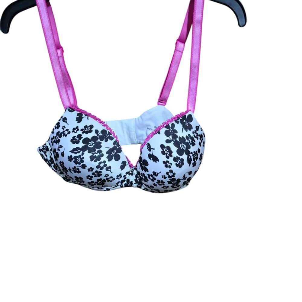 Warners Bra Ivory With Black Flowers & Pink Adjustable Straps Wireless Padded